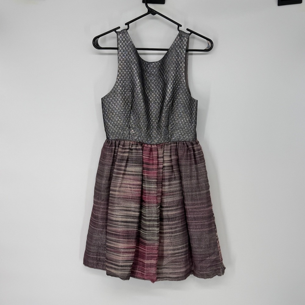 Alice + Olivia Fit and Flare Dress Strappy Back‎ Silver Pink Wool Blend 6